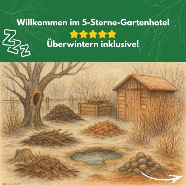 Ein beispielhafter naturnaher Garten mit verschiedenen Strukturen wie Baumhöhlen, Totholz- und Laubhaufen für die Überwinterung von Tieren.